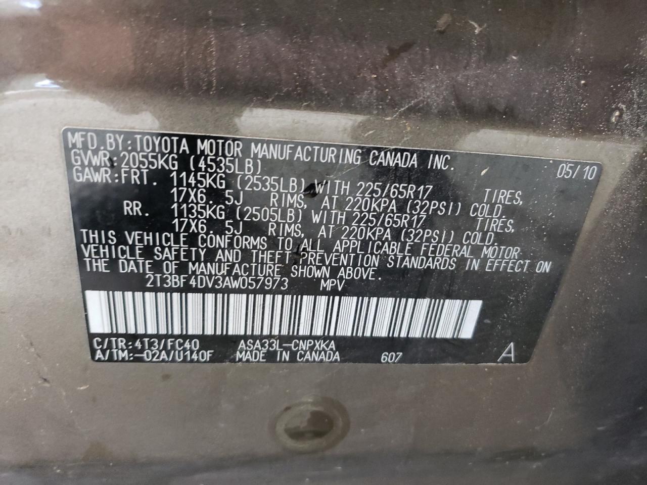 2010 Toyota Rav4 VIN: 2T3BF4DV3AW057973 Lot: 62824024