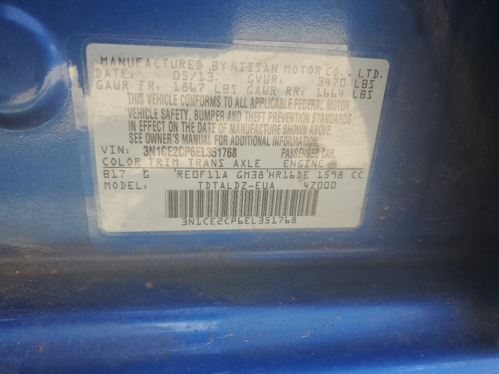 3N1CE2CP6EL351768 2014 Nissan Versa Note S