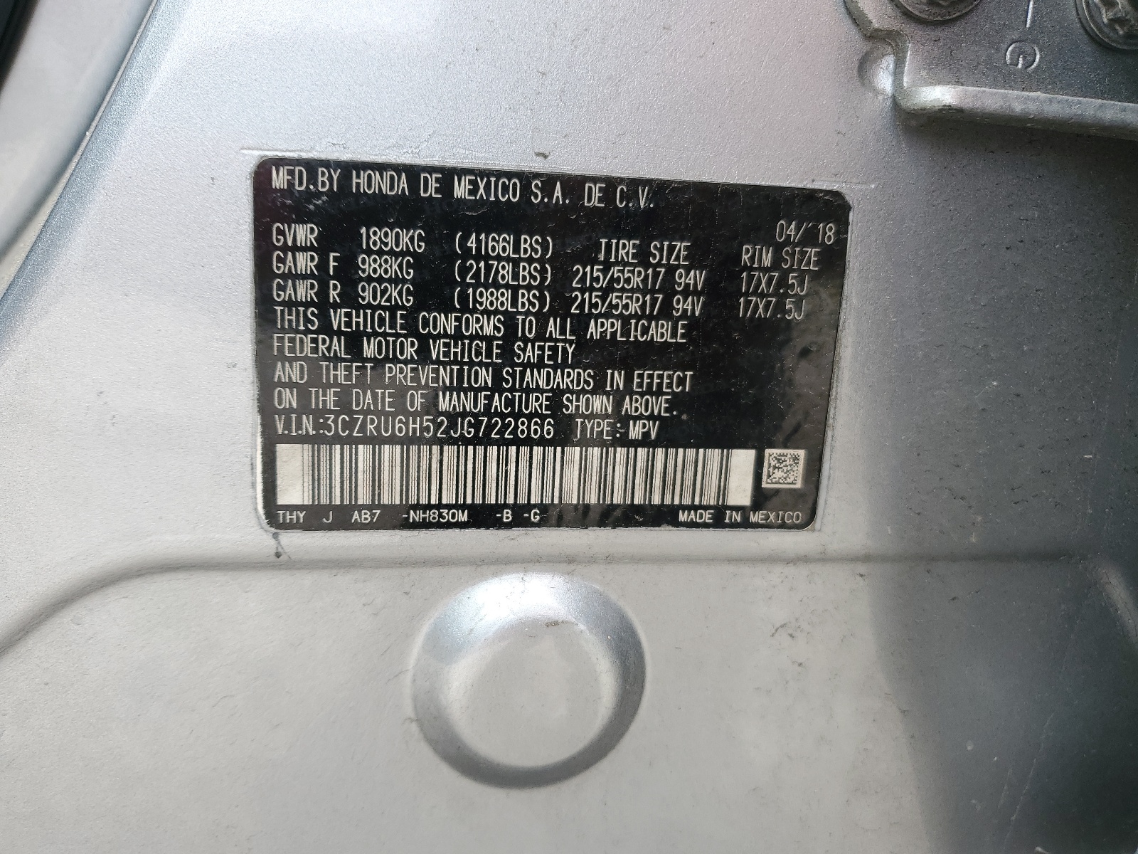 3CZRU6H52JG722866 2018 Honda Hr-V Ex