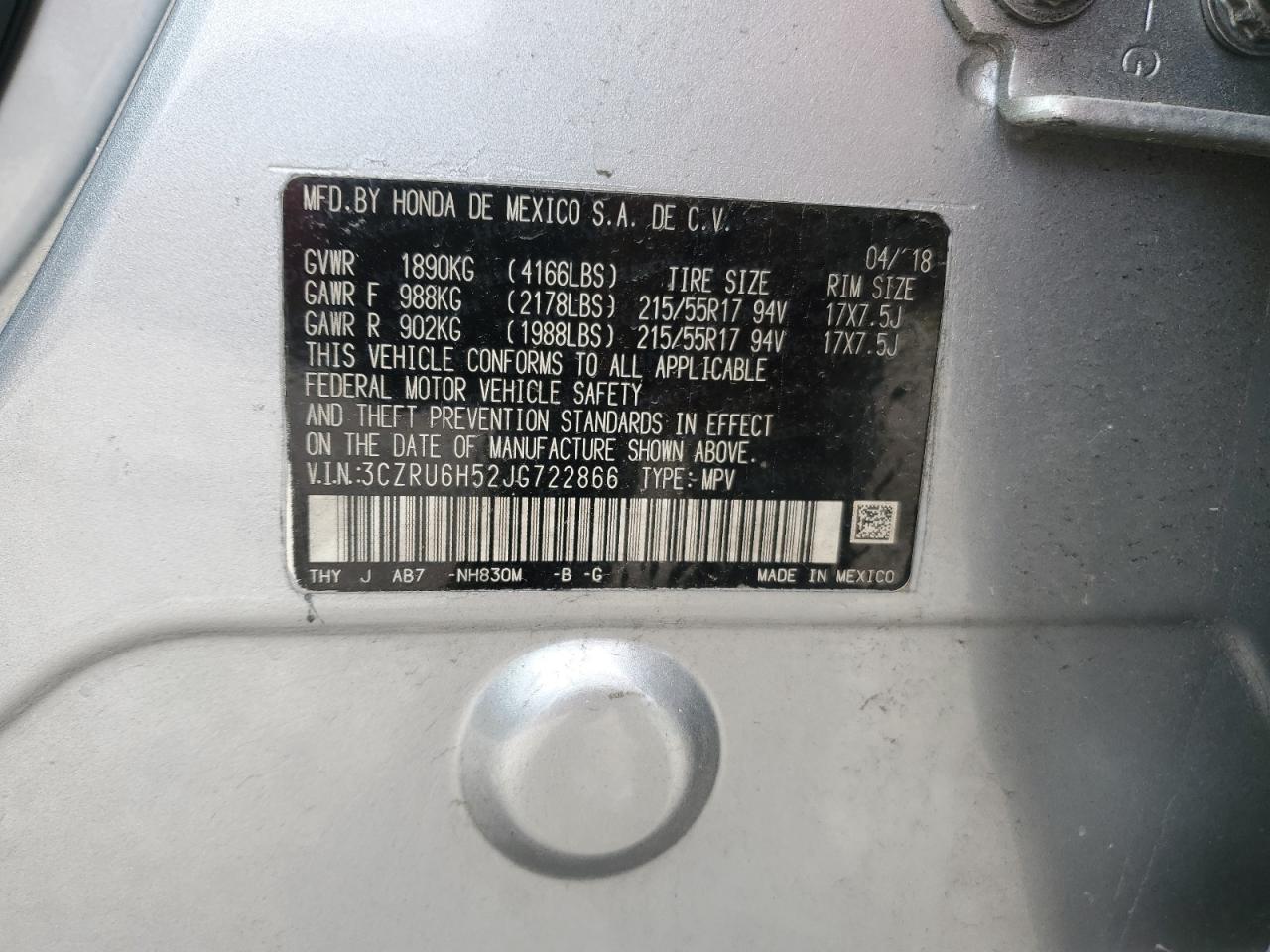 2018 Honda Hr-V Ex VIN: 3CZRU6H52JG722866 Lot: 63488254