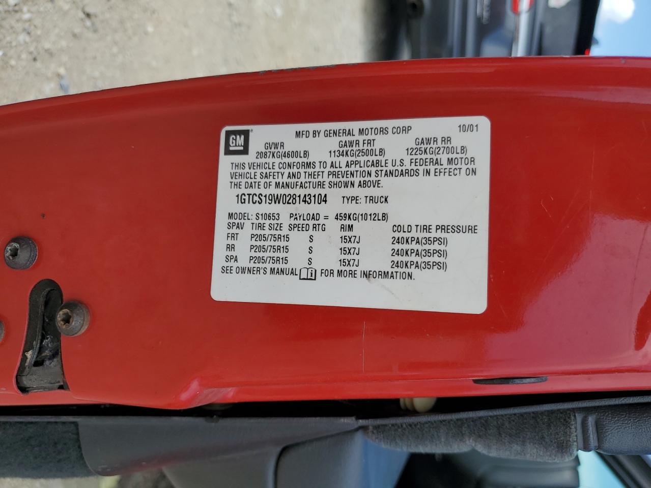 2002 GMC Sonoma VIN: 1GTCS19W028143104 Lot: 65183574