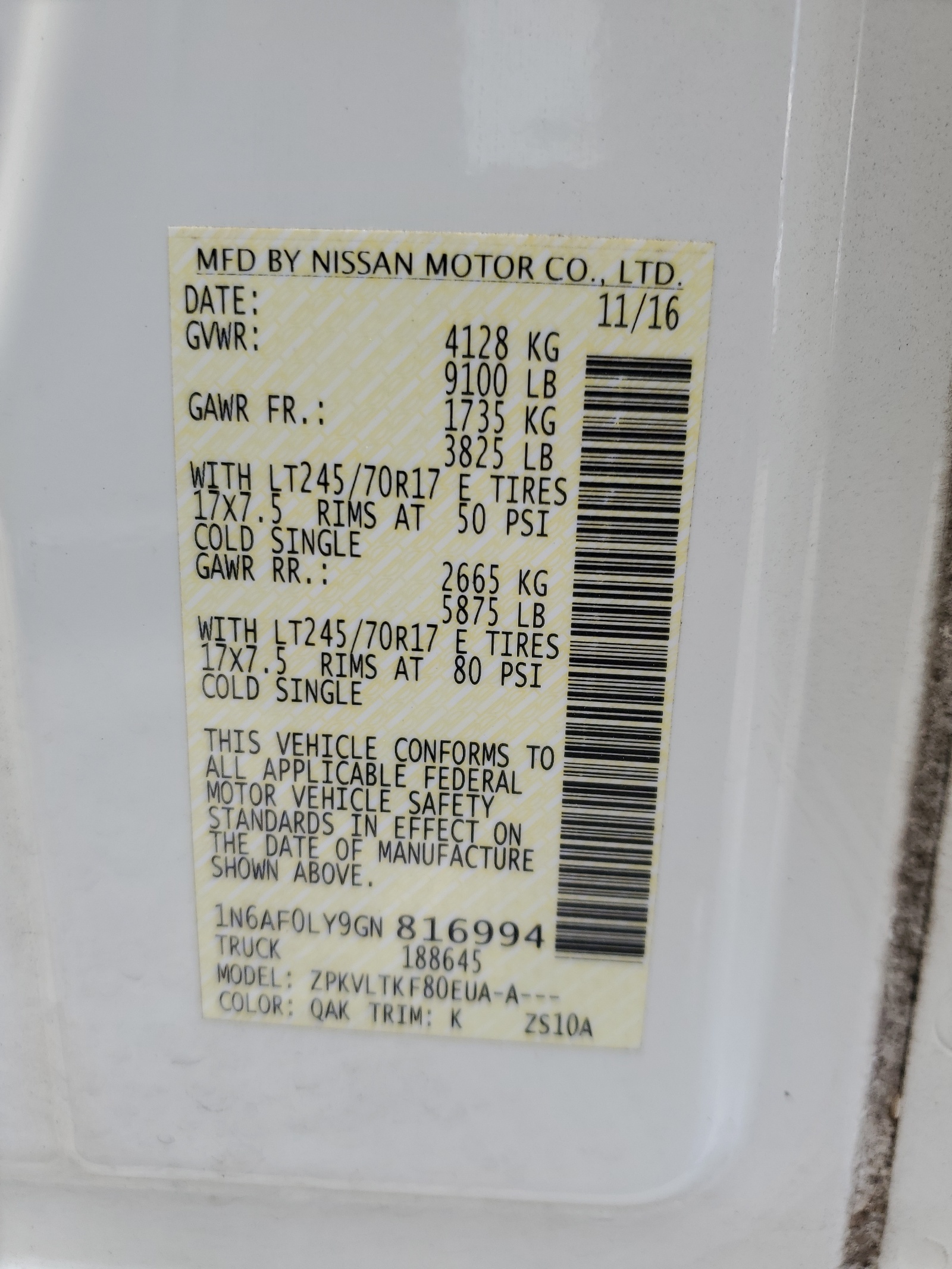 1N6AF0LY9GN816994 2016 Nissan Nv 2500 S