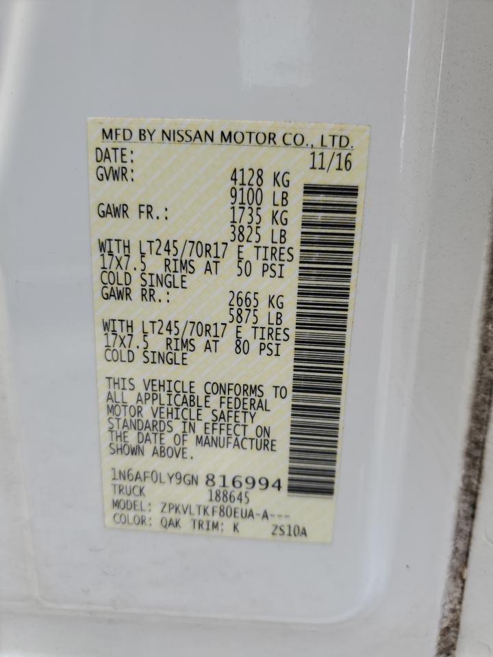 2016 Nissan Nv 2500 S VIN: 1N6AF0LY9GN816994 Lot: 62897534