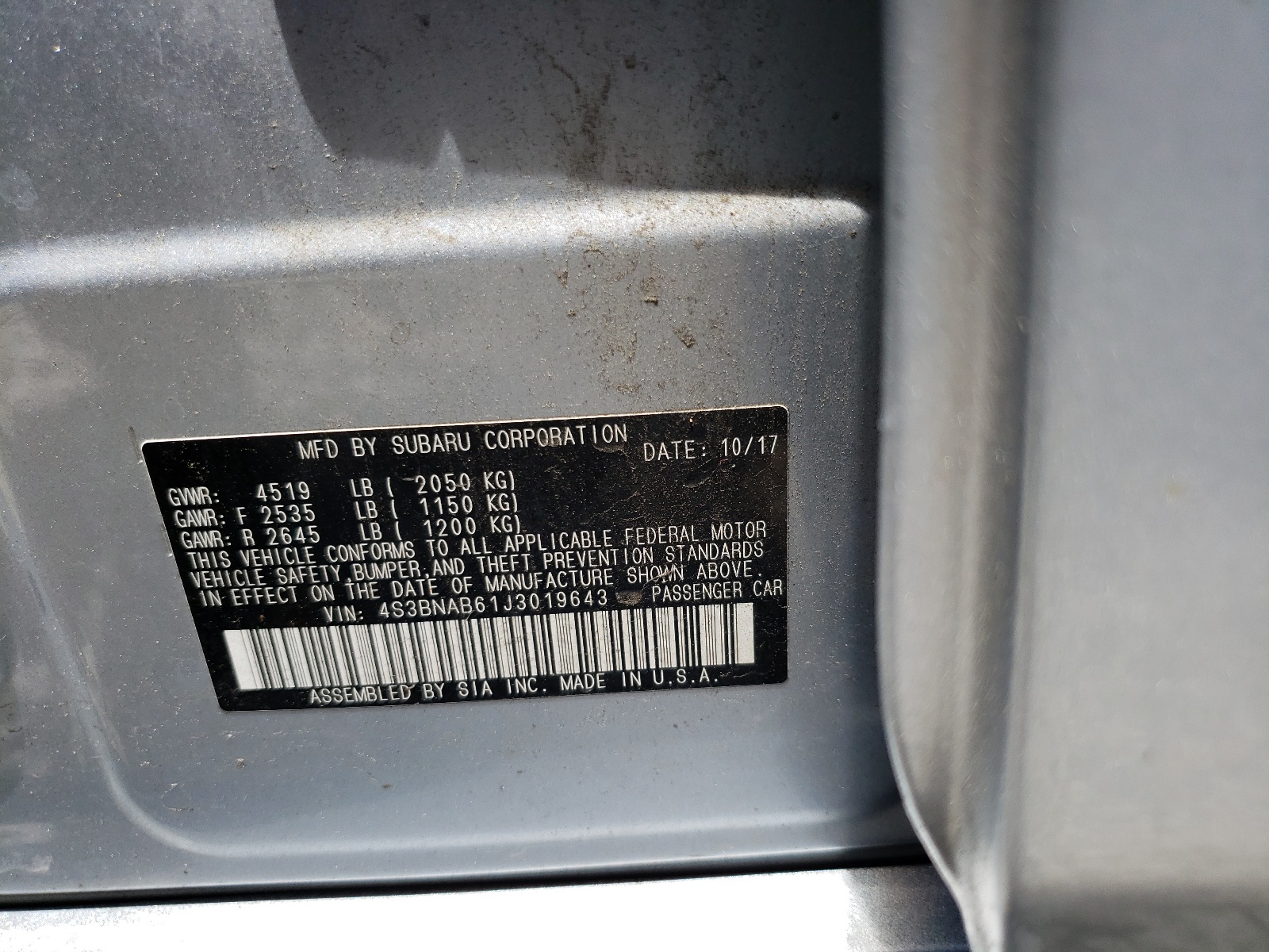 4S3BNAB61J3019643 2018 Subaru Legacy 2.5I