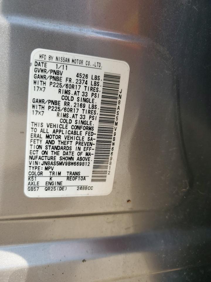 2011 Nissan Rogue S VIN: JN8AS5MV9BW669812 Lot: 62912184