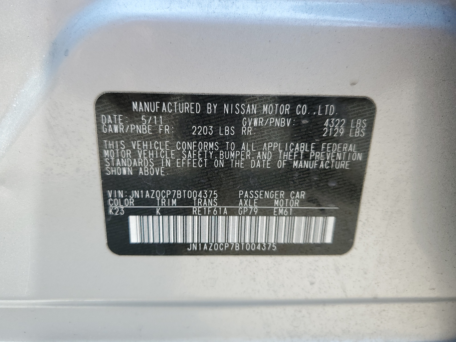 JN1AZ0CP7BT004375 2011 Nissan Leaf Sv