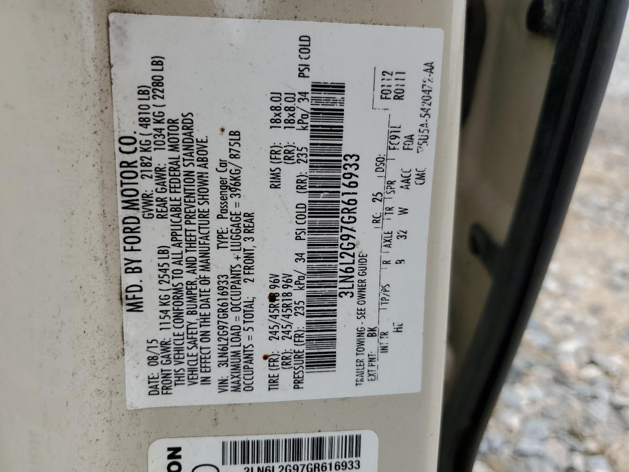 2016 Lincoln Mkz VIN: 3LN6L2G97GR616933 Lot: 60820944