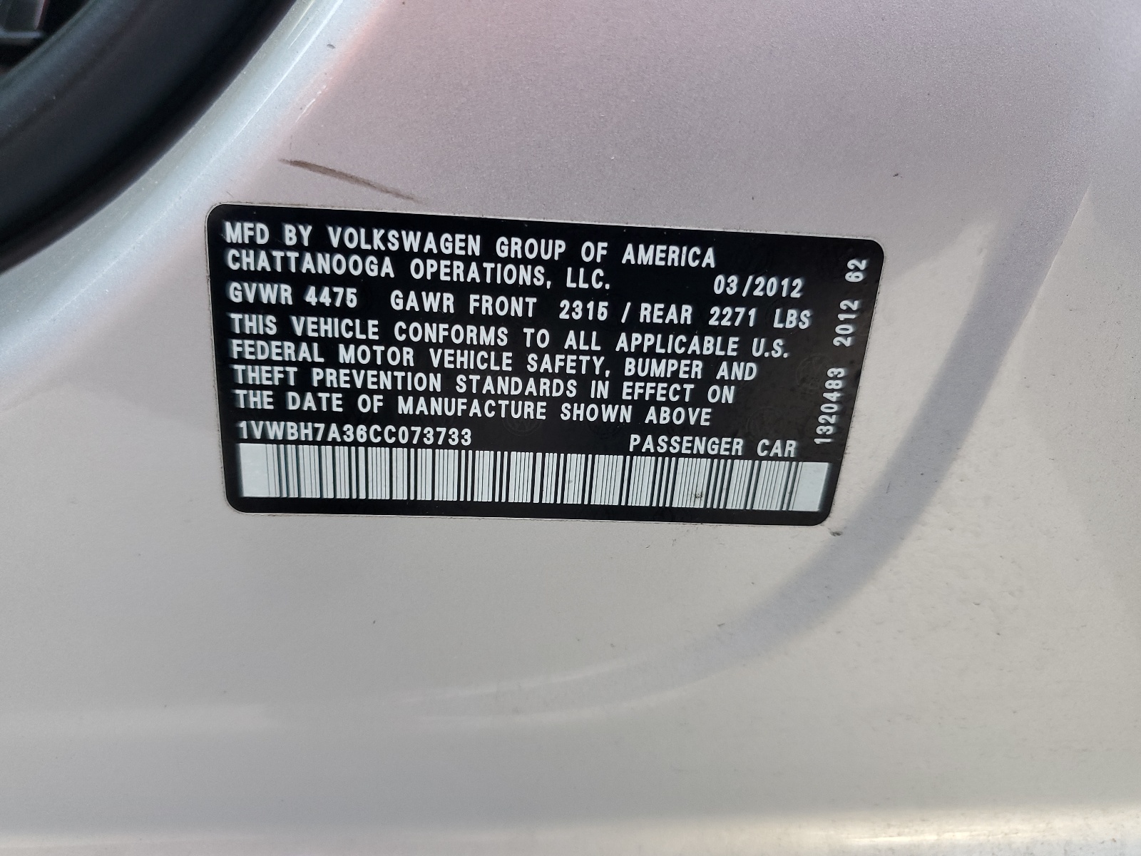 1VWBH7A36CC073733 2012 Volkswagen Passat Se