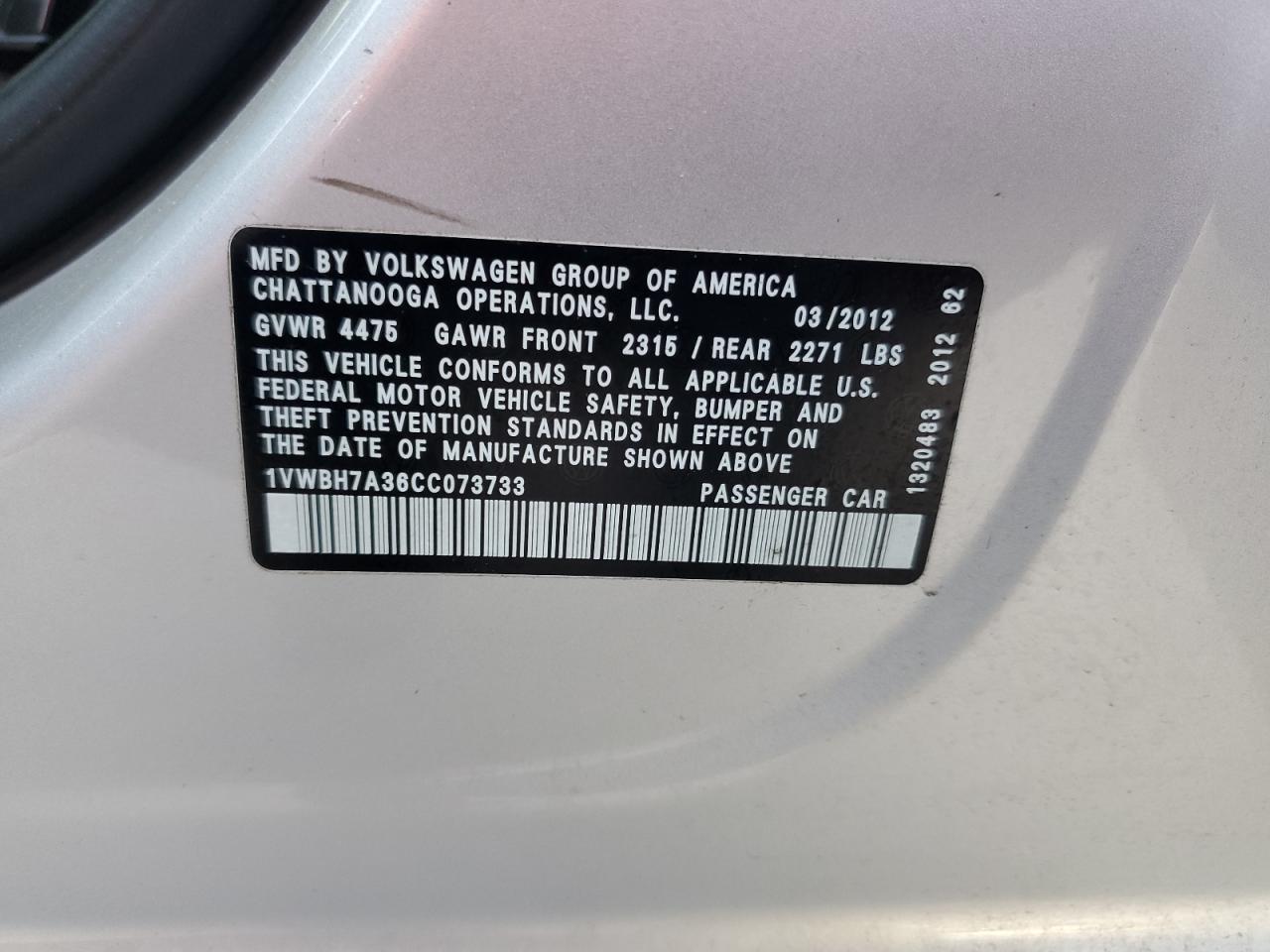 2012 Volkswagen Passat Se VIN: 1VWBH7A36CC073733 Lot: 65253234