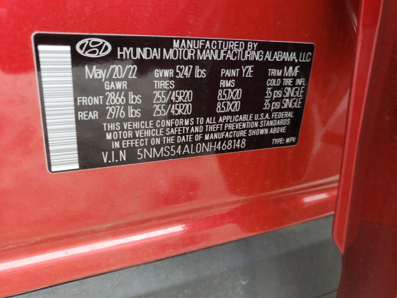 5NMS54AL0NH468148 2022 Hyundai Santa Fe Calligraphy