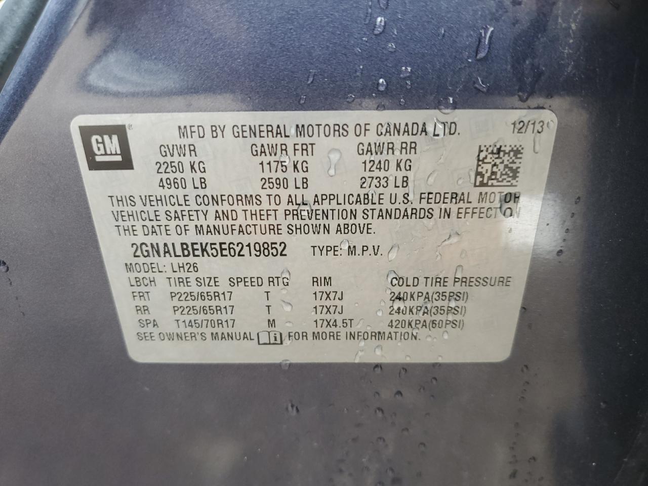 2GNALBEK5E6219852 2014 Chevrolet Equinox Lt