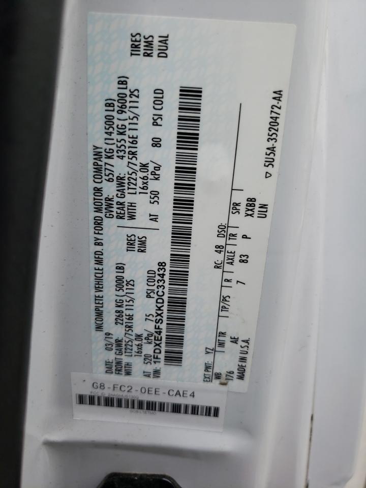 2019 Ford Econoline E450 Super Duty Cutaway Van VIN: 1FDXE4FSXKDC33438 Lot: 59511114