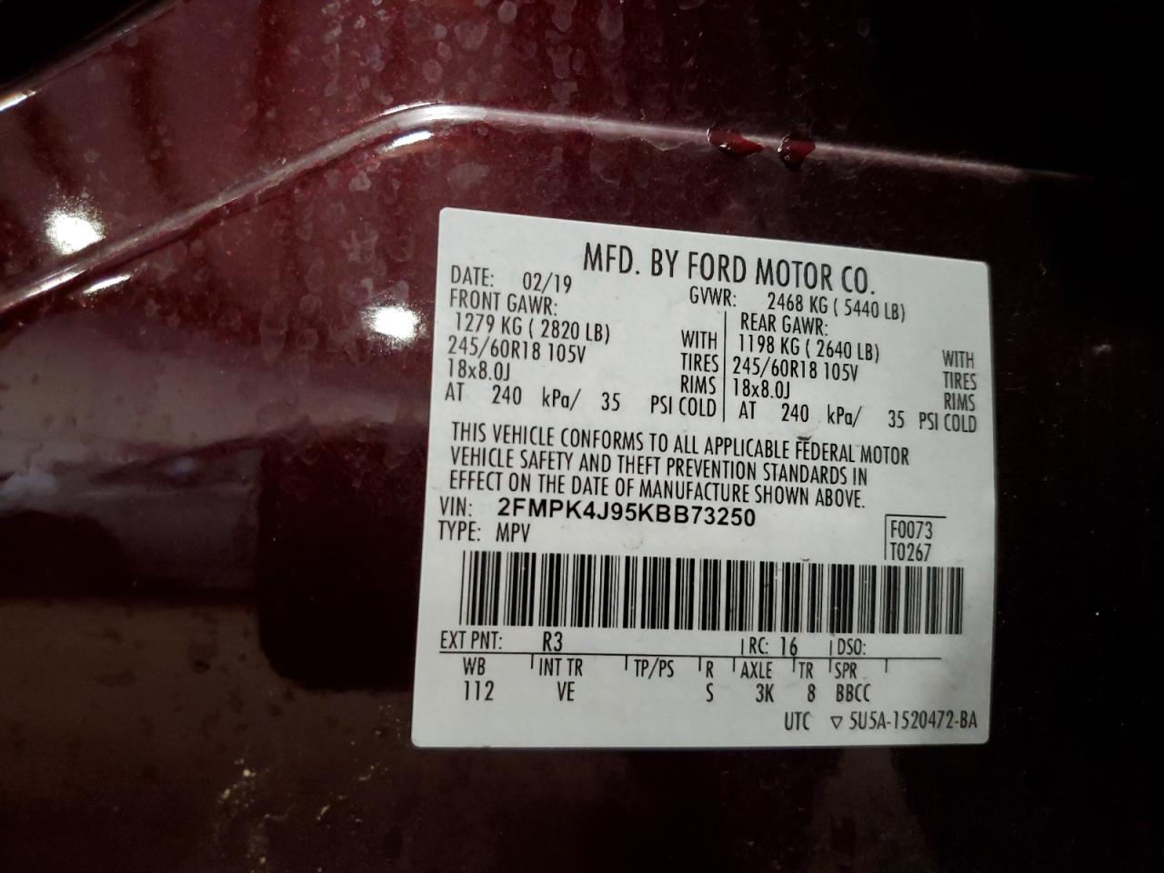 2019 Ford Edge Sel VIN: 2FMPK4J95KBB73250 Lot: 64228574