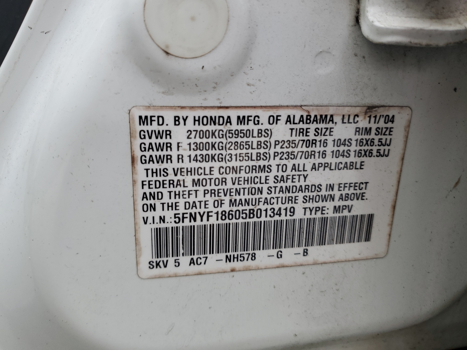 5FNYF18605B013419 2005 Honda Pilot Exl