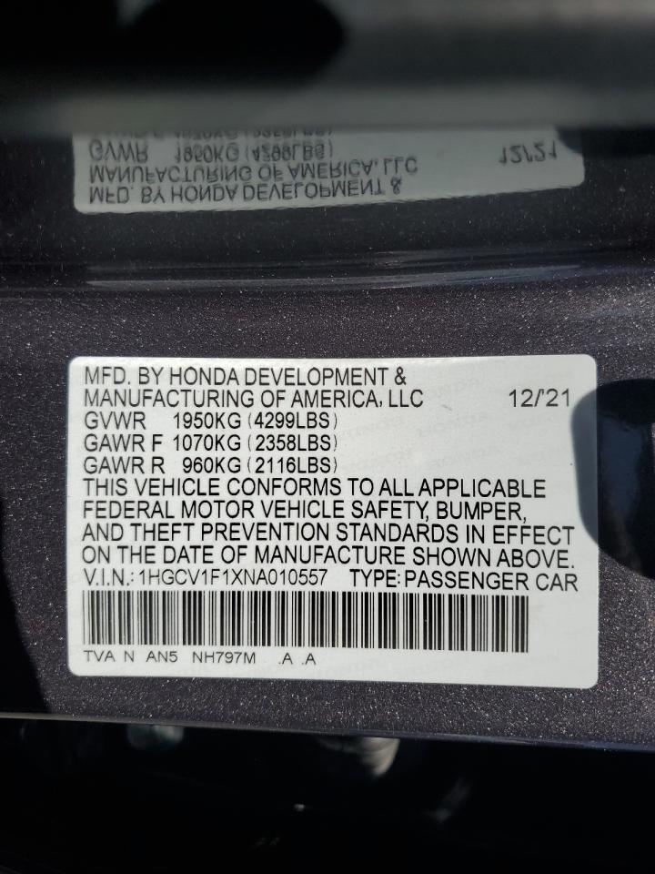 2022 Honda Accord Lx VIN: 1HGCV1F1XNA010557 Lot: 64902534