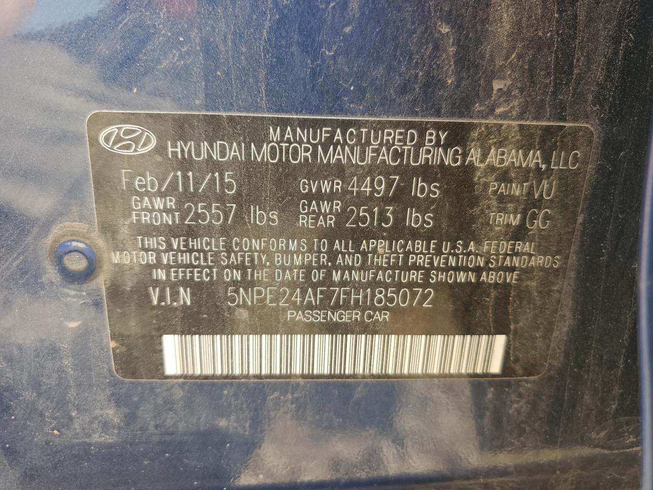 2015 Hyundai Sonata Se VIN: 5NPE24AF7FH185072 Lot: 65224694