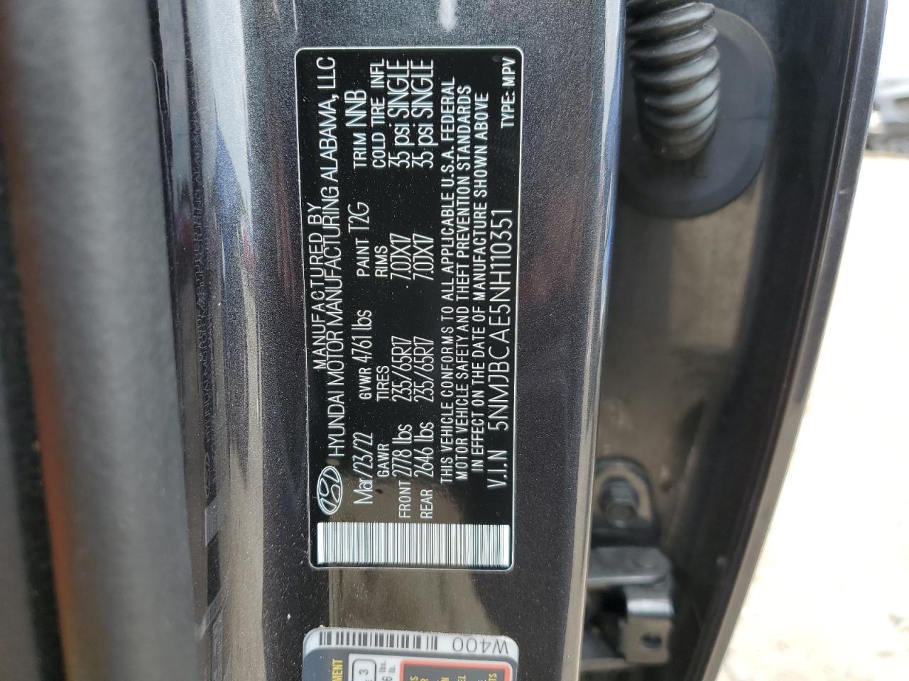 2022 Hyundai Tucson Sel VIN: 5NMJBCAE5NH110351 Lot: 63772884