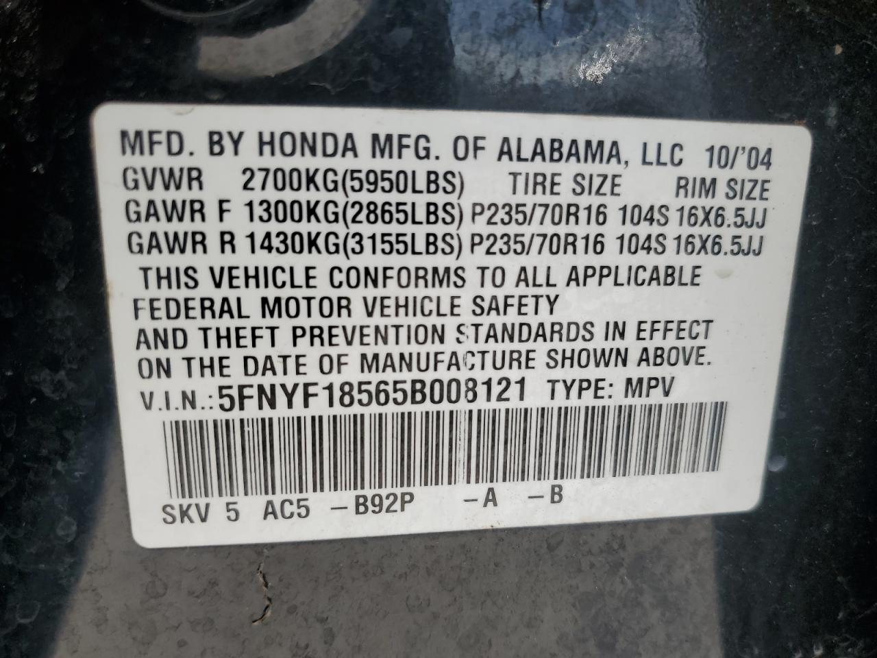 2005 Honda Pilot Exl VIN: 5FNYF18565B008121 Lot: 63236364