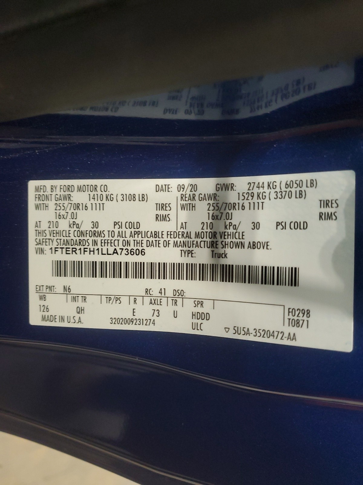 1FTER1FH1LLA73606 2020 Ford Ranger Xl