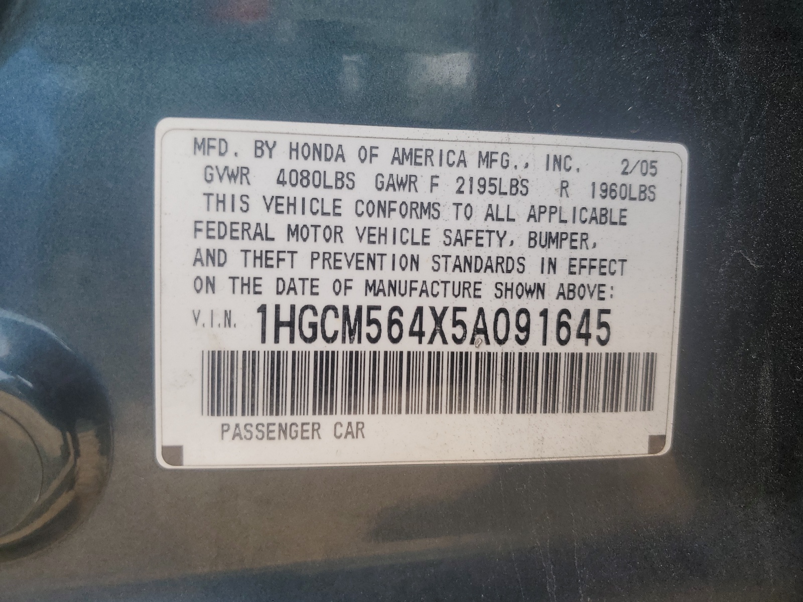 1HGCM564X5A091645 2005 Honda Accord Lx