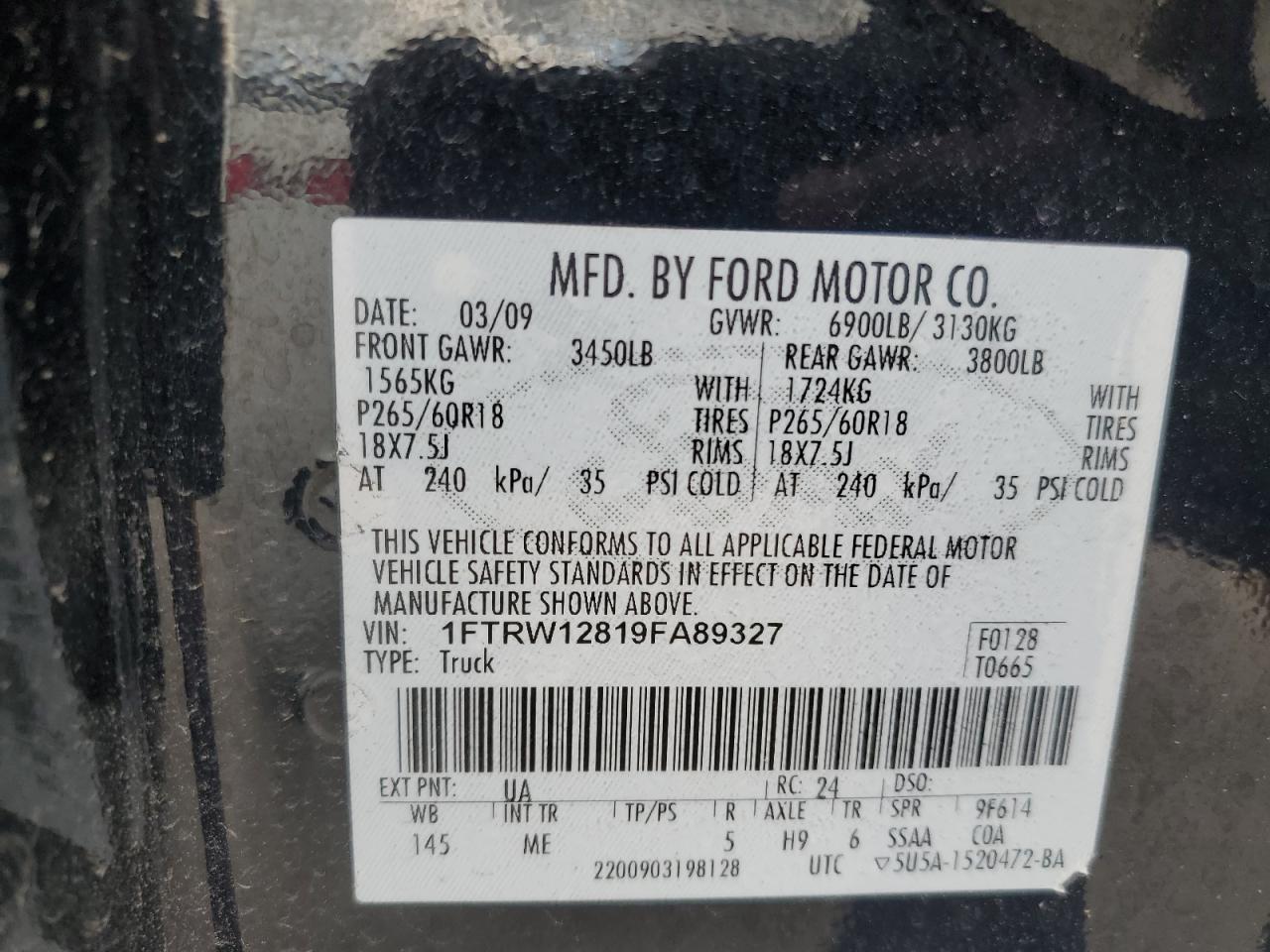 2009 Ford F150 Supercrew VIN: 1FTRW12819FA89327 Lot: 63907404