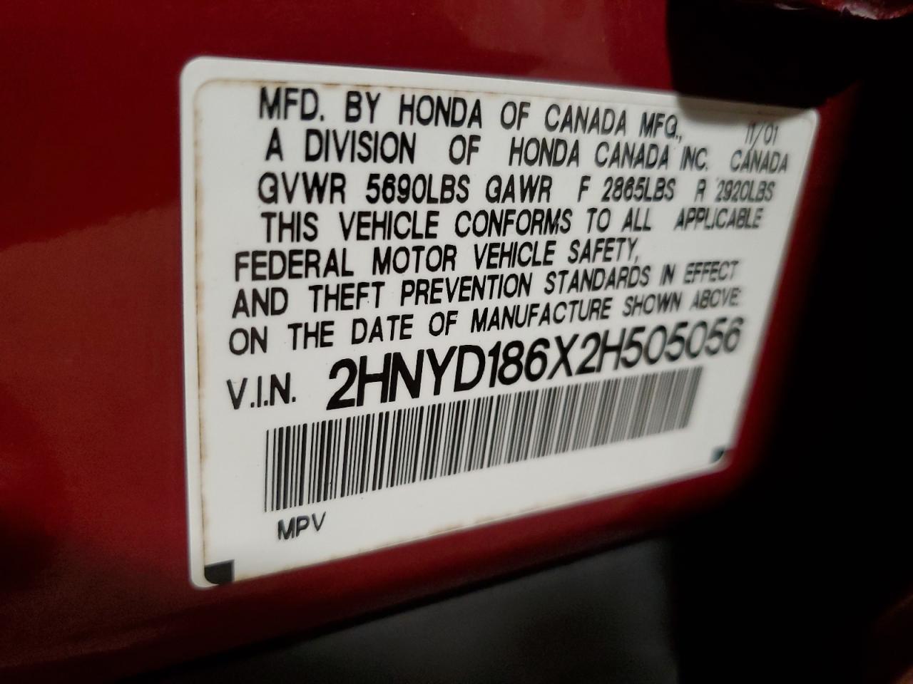 2002 Acura Mdx Touring VIN: 2HNYD186X2H505056 Lot: 64779954