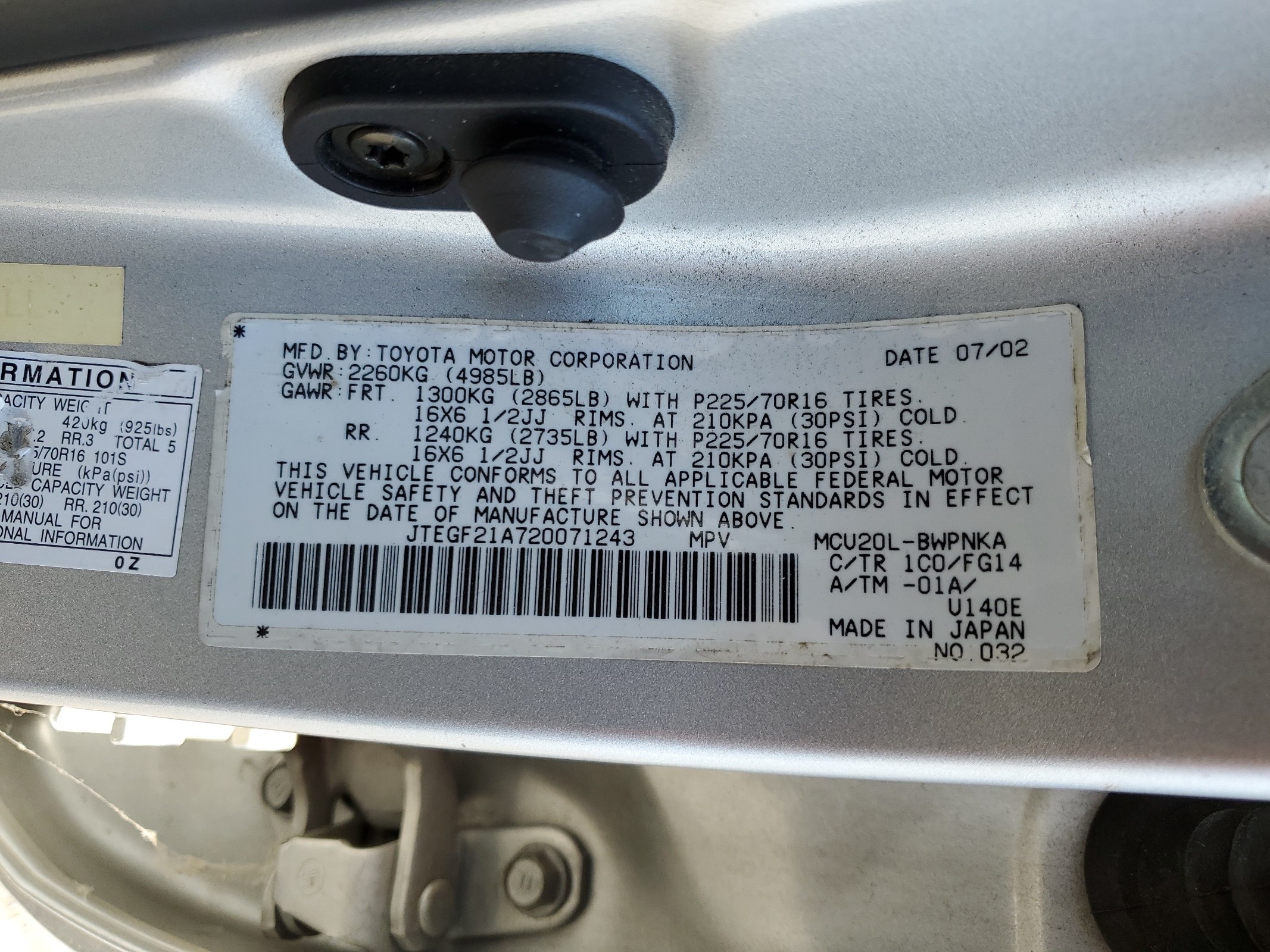 JTEGF21A720071243 2002 Toyota Highlander Limited