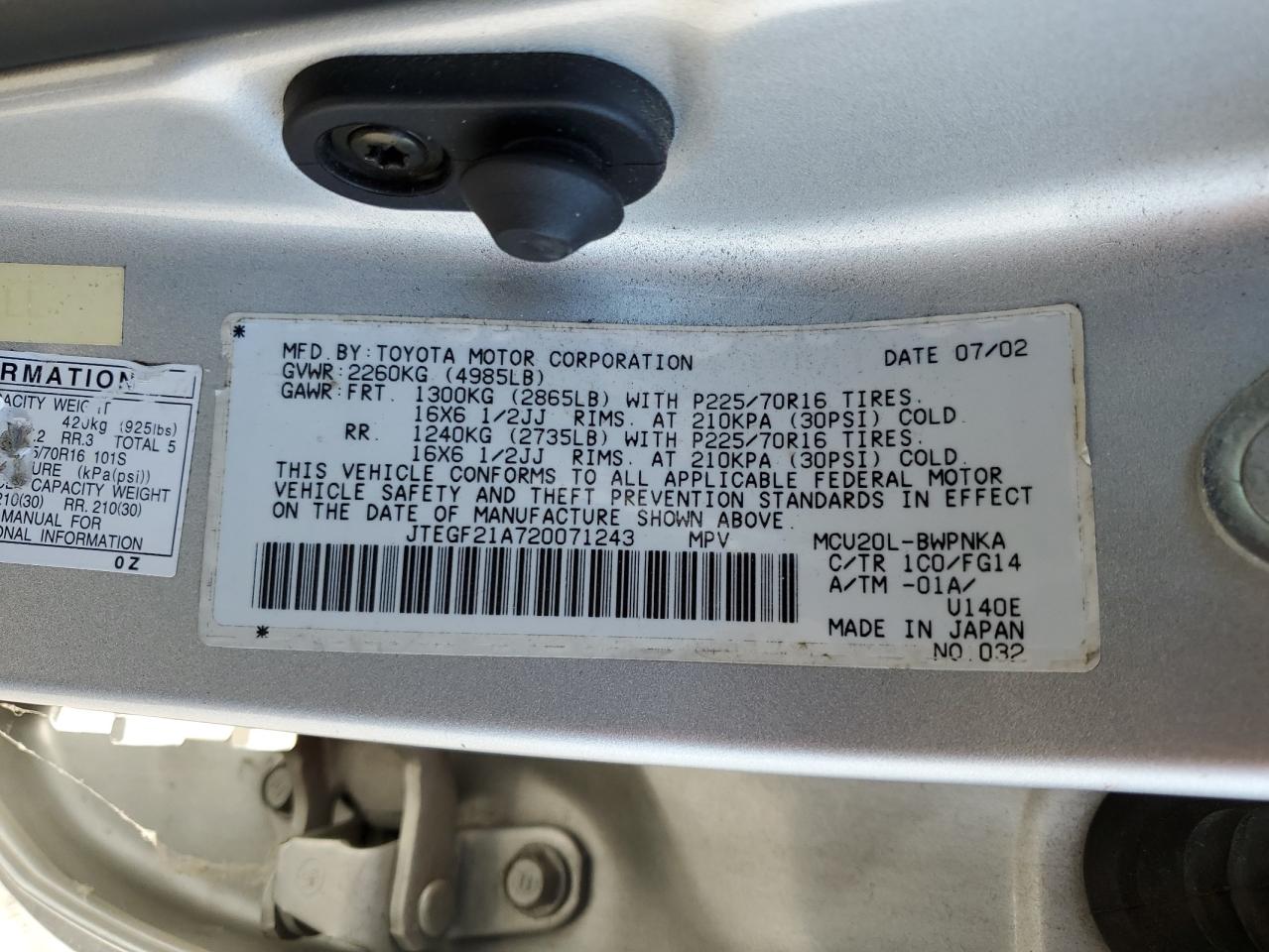 2002 Toyota Highlander Limited VIN: JTEGF21A720071243 Lot: 64214174