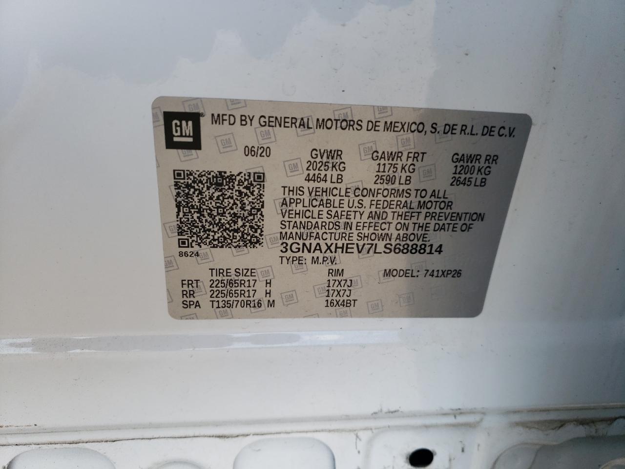 2020 Chevrolet Equinox Ls VIN: 3GNAXHEV7LS688814 Lot: 62104494