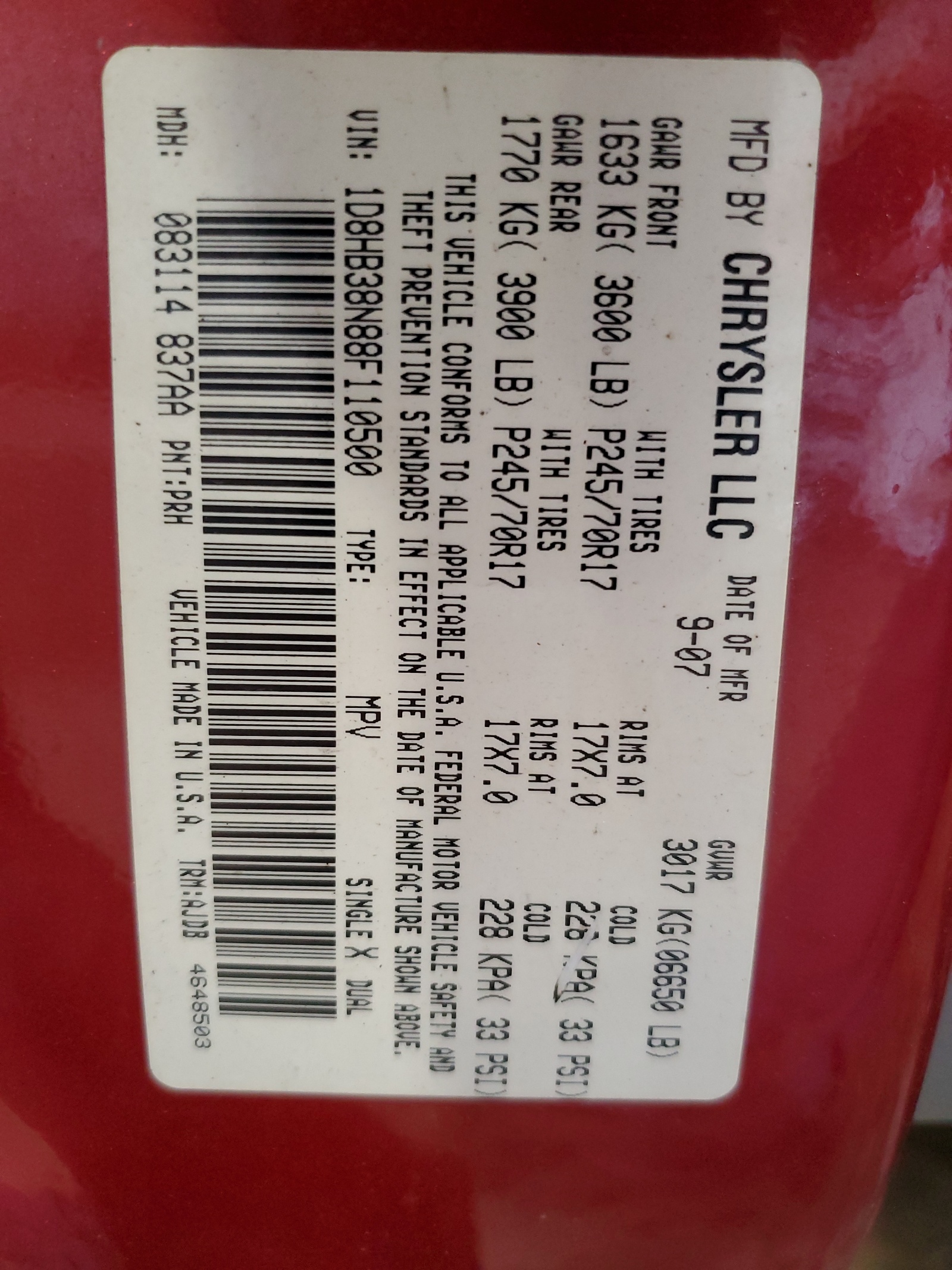 1D8HB38N88F110500 2008 Dodge Durango Sxt