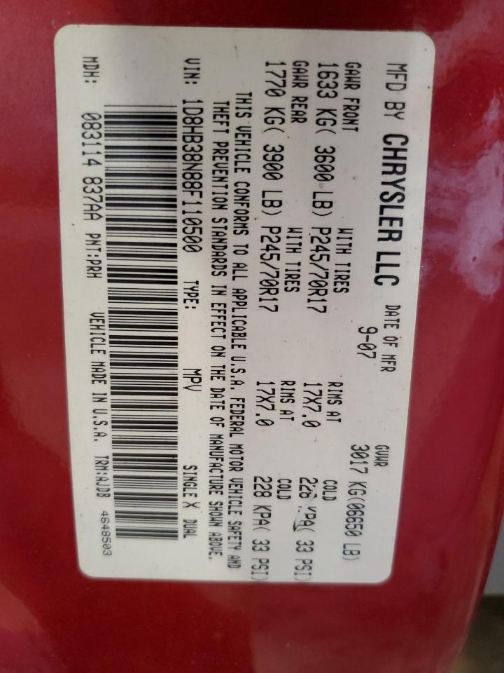 2008 Dodge Durango Sxt VIN: 1D8HB38N88F110500 Lot: 62055134