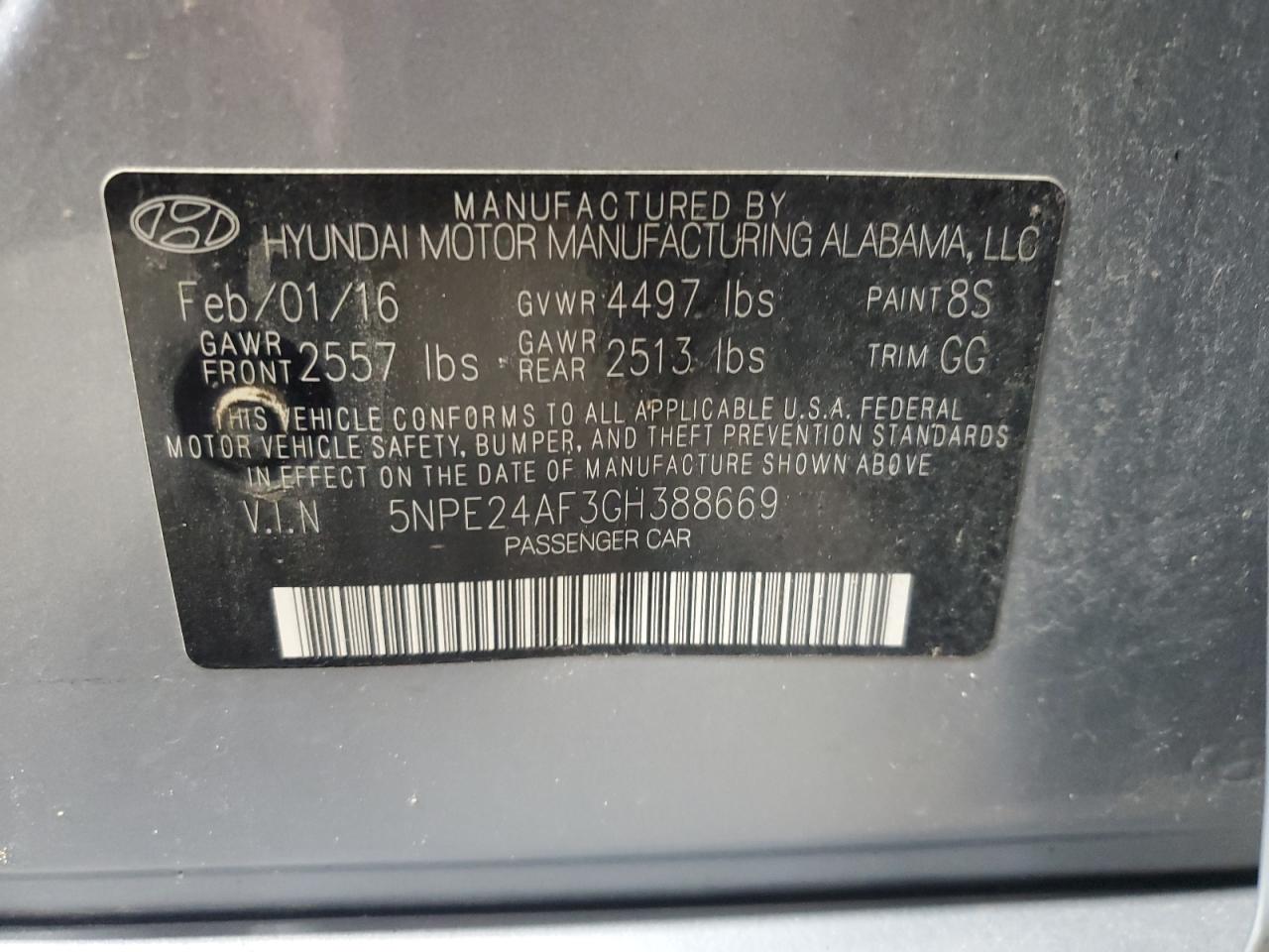 5NPE24AF3GH388669 2016 Hyundai Sonata Se