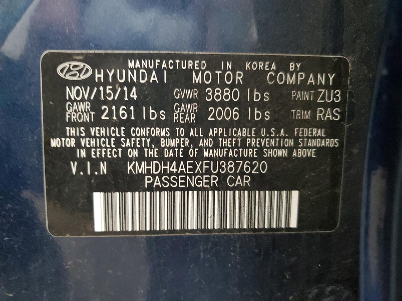2015 Hyundai Elantra Se VIN: KMHDH4AEXFU387620 Lot: 64076984