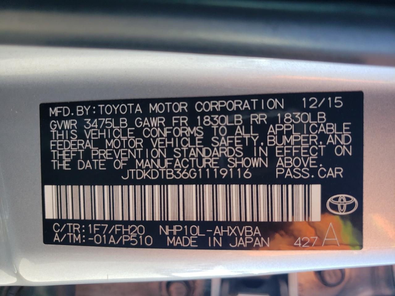 2016 Toyota Prius C VIN: JTDKDTB36G1119116 Lot: 63111534