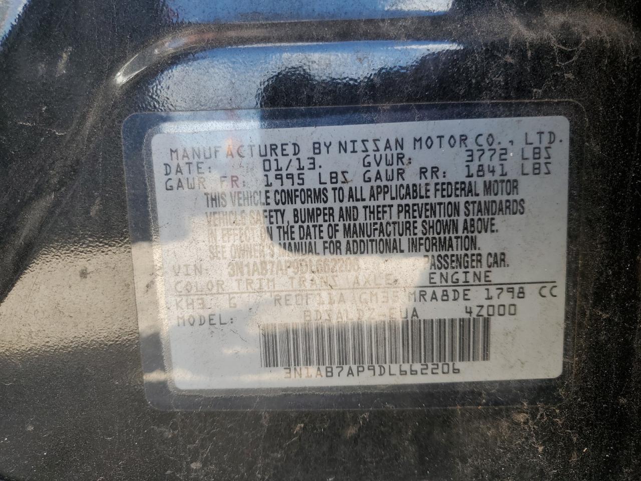 2013 Nissan Sentra S VIN: 3N1AB7AP9DL662206 Lot: 61801234