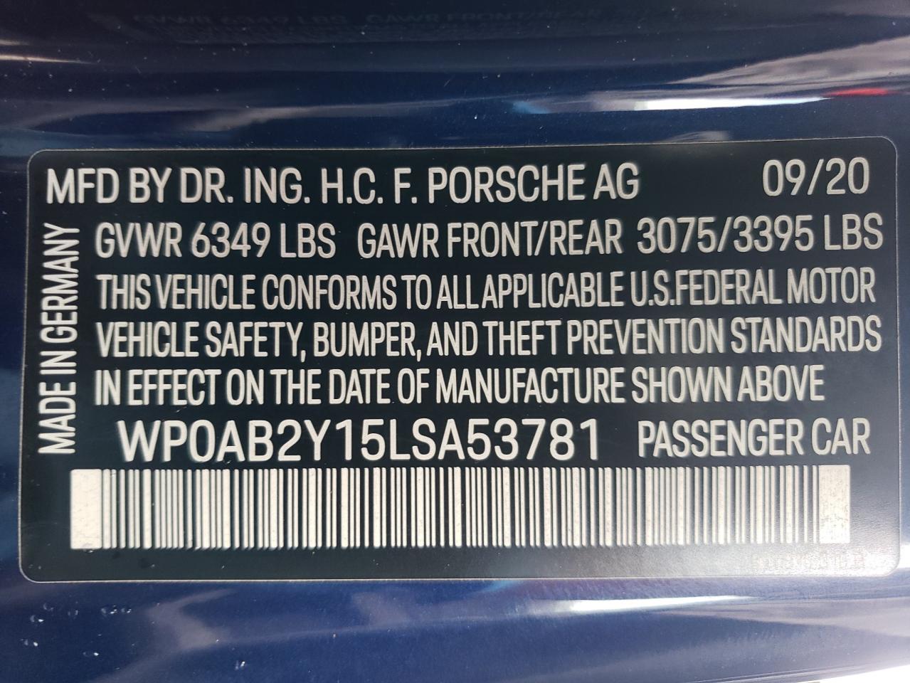 2020 Porsche Taycan 4S VIN: WP0AB2Y15LSA53781 Lot: 63848864