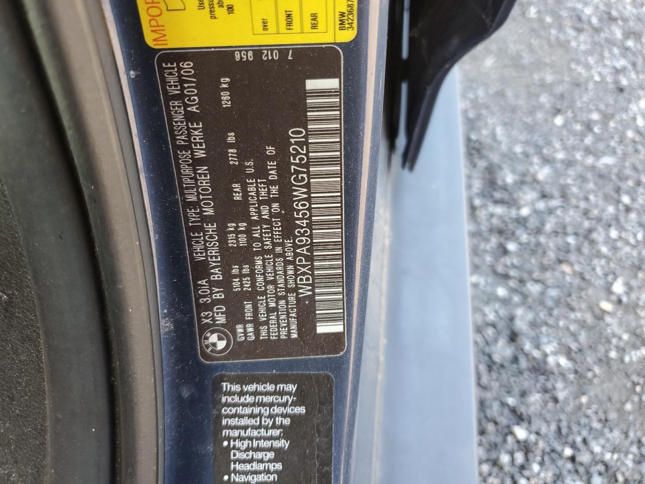 2006 BMW X3 3.0I VIN: WBXPA93456WG75210 Lot: 64783104