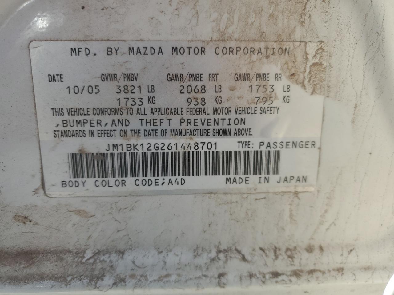 JM1BK12G261448701 2006 Mazda 3 I