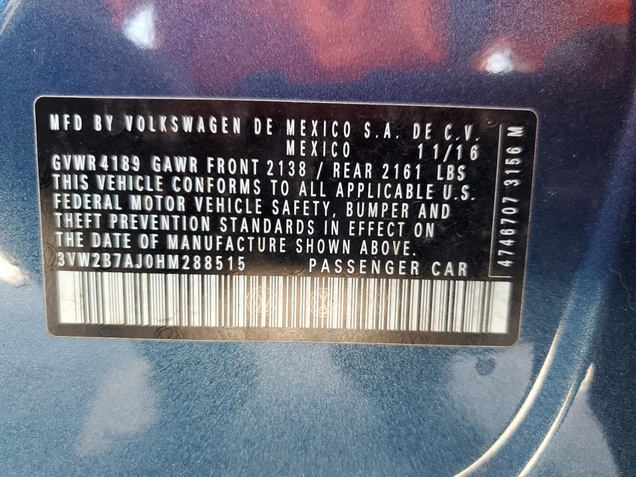 2017 Volkswagen Jetta S VIN: 3VW2B7AJ0HM288515 Lot: 65117784