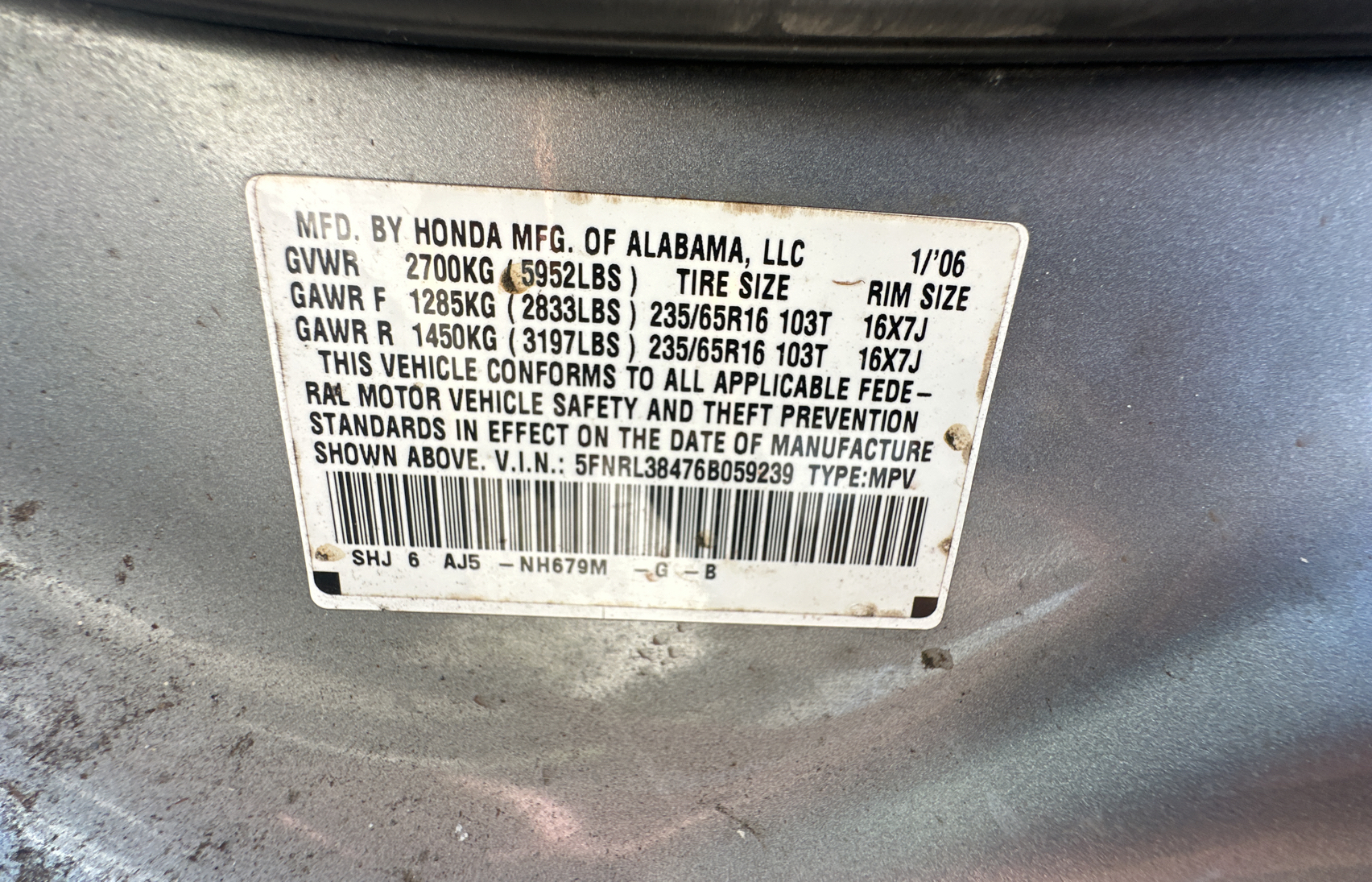 5FNRL38476B059239 2006 Honda Odyssey Ex