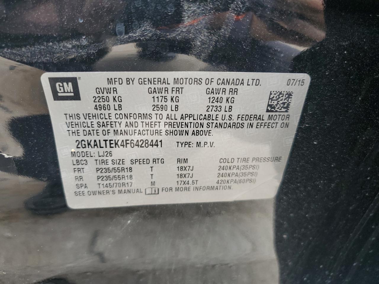 2GKALTEK4F6428441 2015 GMC Terrain Slt