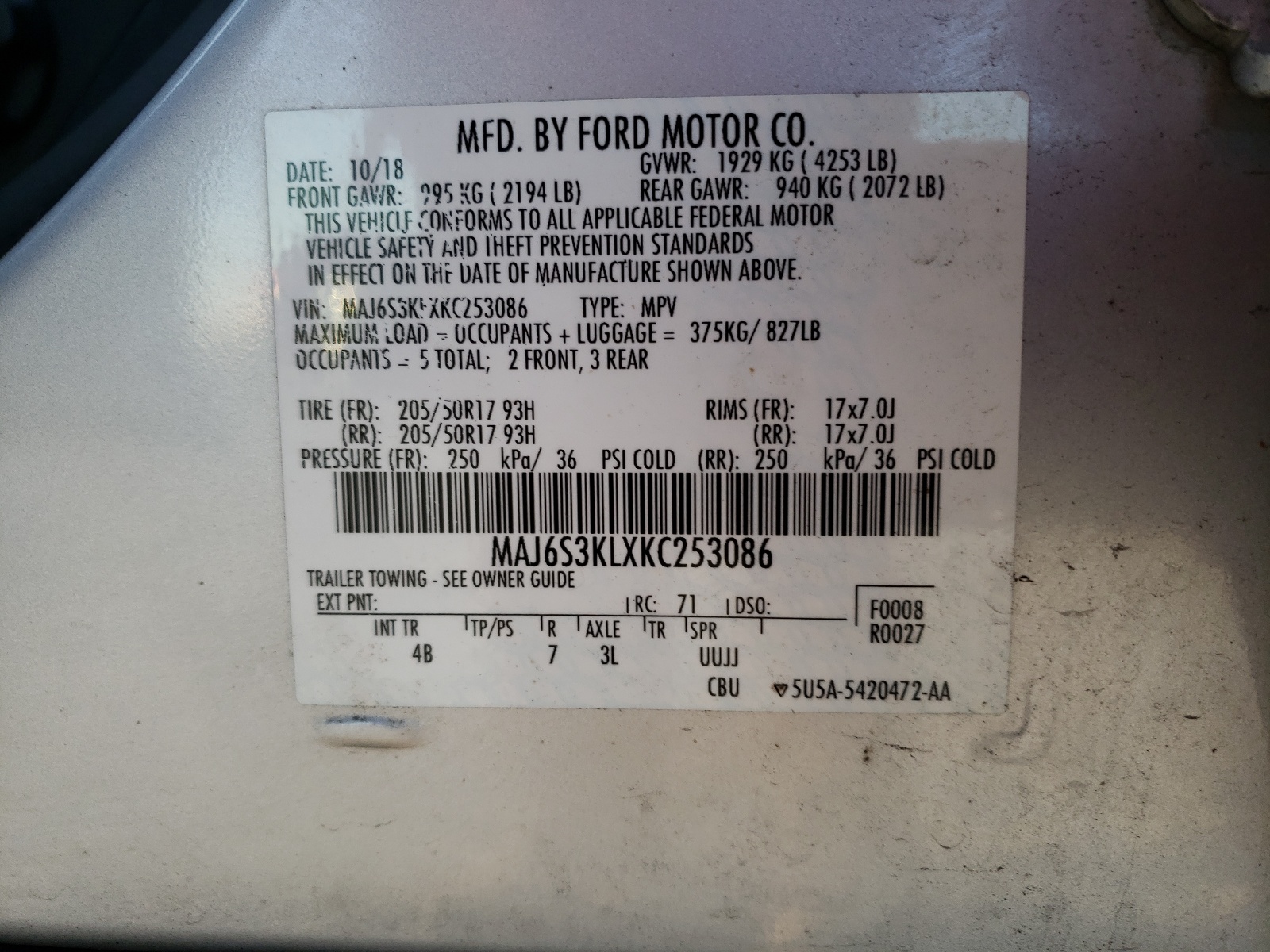 MAJ6S3KLXKC253086 2019 Ford Ecosport Titanium