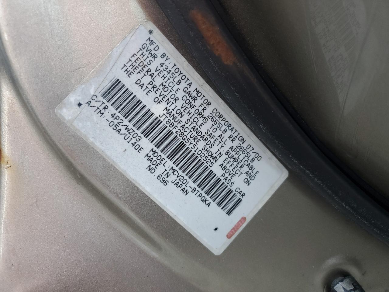 2000 Lexus Es 300 VIN: JT8BF28G5Y5102525 Lot: 63389914