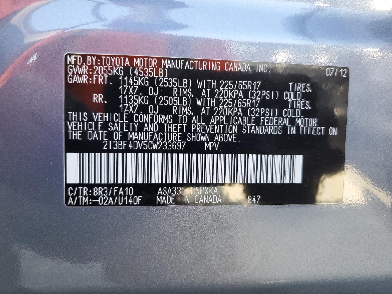 2012 Toyota Rav4 VIN: 2T3BF4DV5CW233697 Lot: 65245224