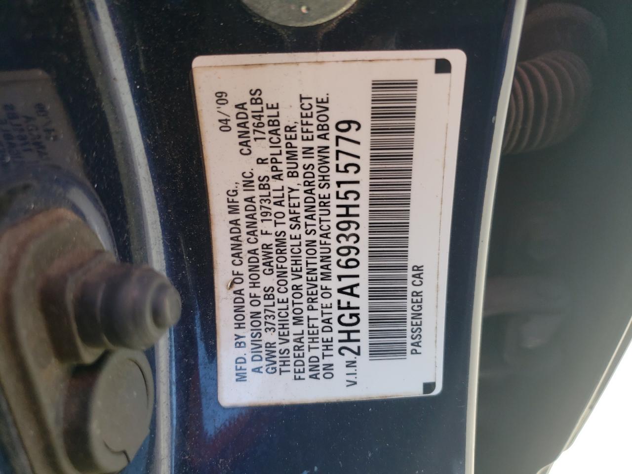 2009 Honda Civic Exl VIN: 2HGFA16939H515779 Lot: 65060274