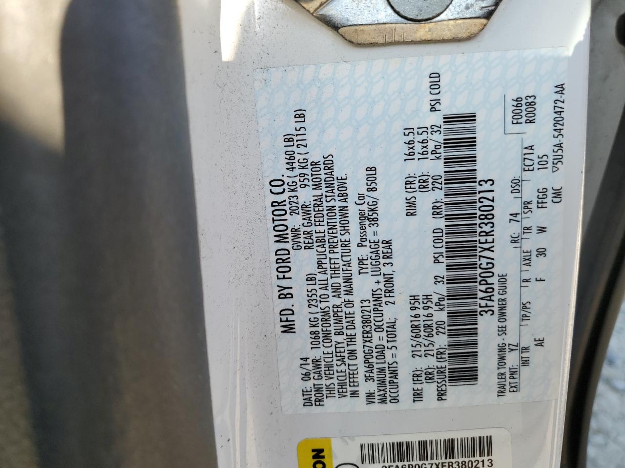 2014 Ford Fusion S VIN: 3FA6P0G7XER380213 Lot: 62678944