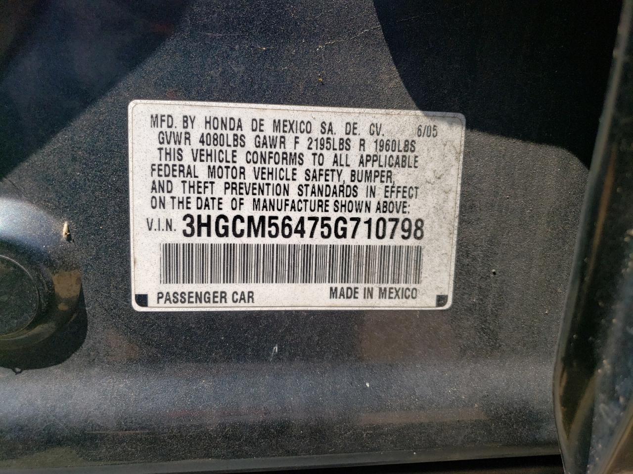 2005 Honda Accord Lx VIN: 3HGCM56475G710798 Lot: 61599484