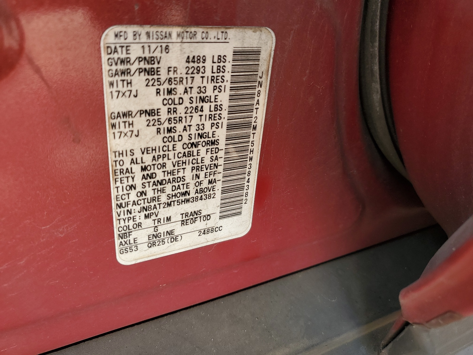 JN8AT2MT5HW384382 2017 Nissan Rogue S