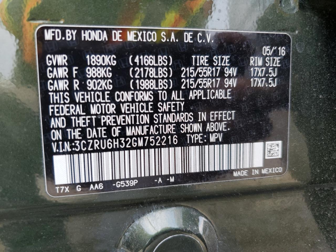 2016 Honda Hr-V Lx VIN: 3CZRU6H32GM752216 Lot: 64717604