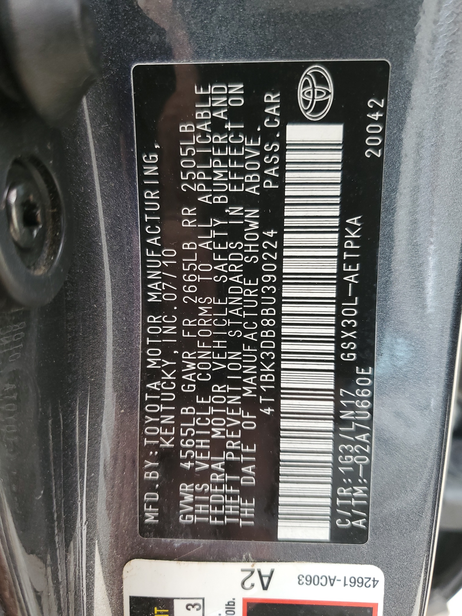 4T1BK3DB8BU390224 2011 Toyota Avalon Base